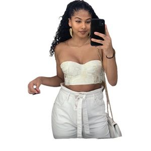 White strapless crop top with gold embellishments